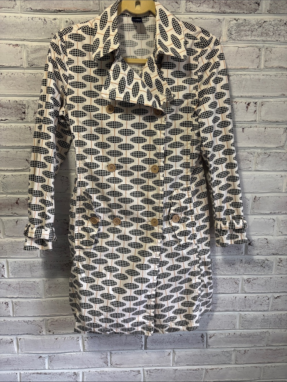 GAP Black & Cream Patterned Double-Breasted Trench Coat Size XS